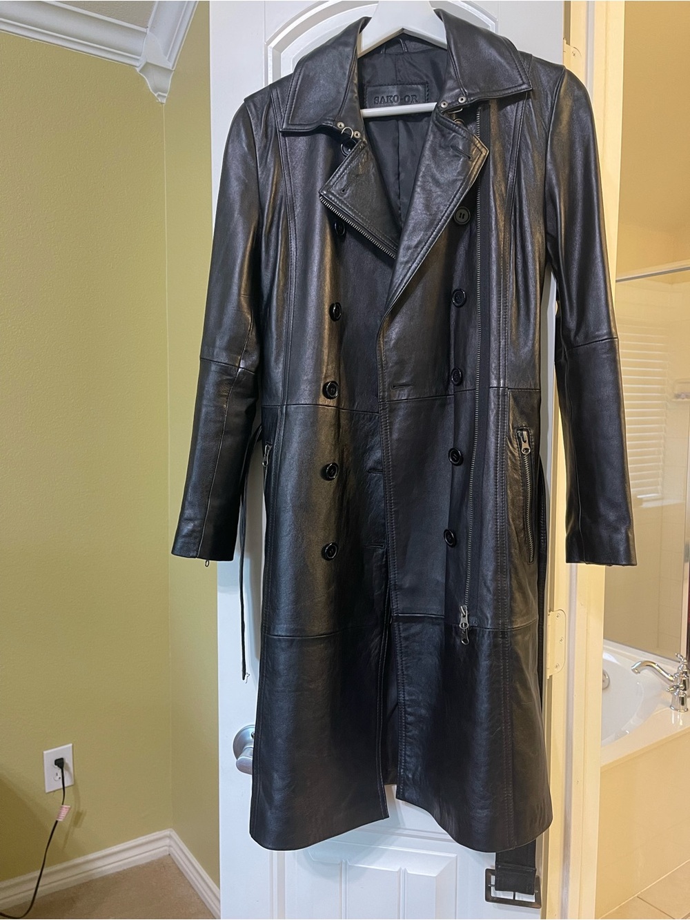 Black Leather Double-Breasted Trench Coat